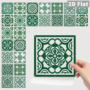 24PCS NHZ Deep Green White Retro European Tile Stickers, PVC Crystal Film, Waterproof Oilproof, Self-Adhesive, Removable No Residue, Easy Clean, Glossy Finish, for Kitchen Bathroom Bedroom Home Decor