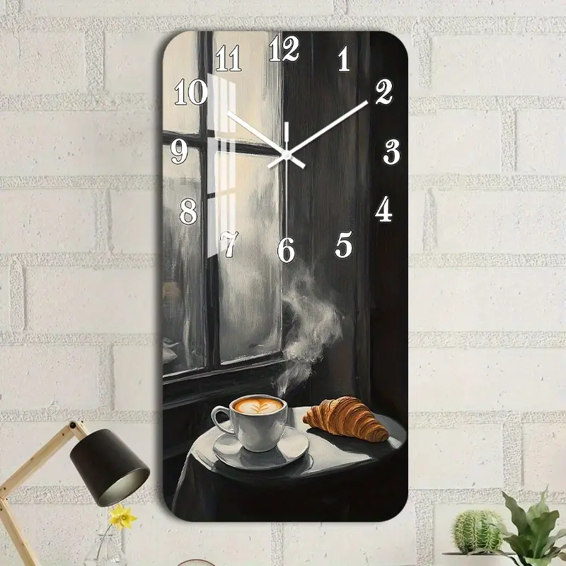 1 silent wall clock with no ticking sound, acrylic decorative rectangular clock, high-definition glossy coating, featuring a still life pattern of coffee and croissants. Suitable for walls in the living room, kitchen, office, dressing room, and guest room