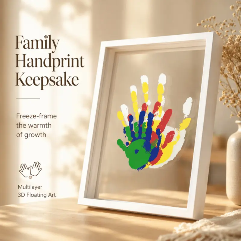 Handprint Memorial Photo Frame, 3D Floating Design, Multi-Layer Display, Preserve Beautiful Moments, Unique Keepsake Decorative Item, Wood Frame
