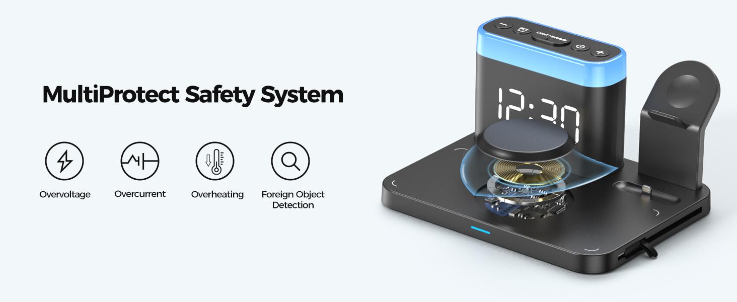 Wireless Charging Station,5 in 1 Multiple Charger Stand with Alarm Clock,7 Night Light,Mag-Safe Charging Dock for iPhone 17 16 15 14 13 12 Pro Max Plus,Apple Watch 11/10/9/8,for Airpods,Bedroom