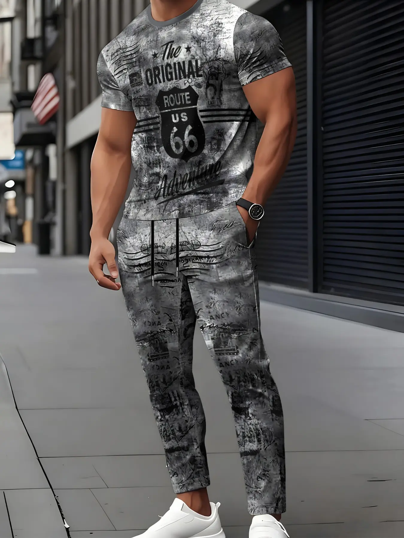 American Vintage Route66 Two-Piece Set, Men's Casual Slim-Fitting All over Print, Retro Weathered Design, Unlined Clothing