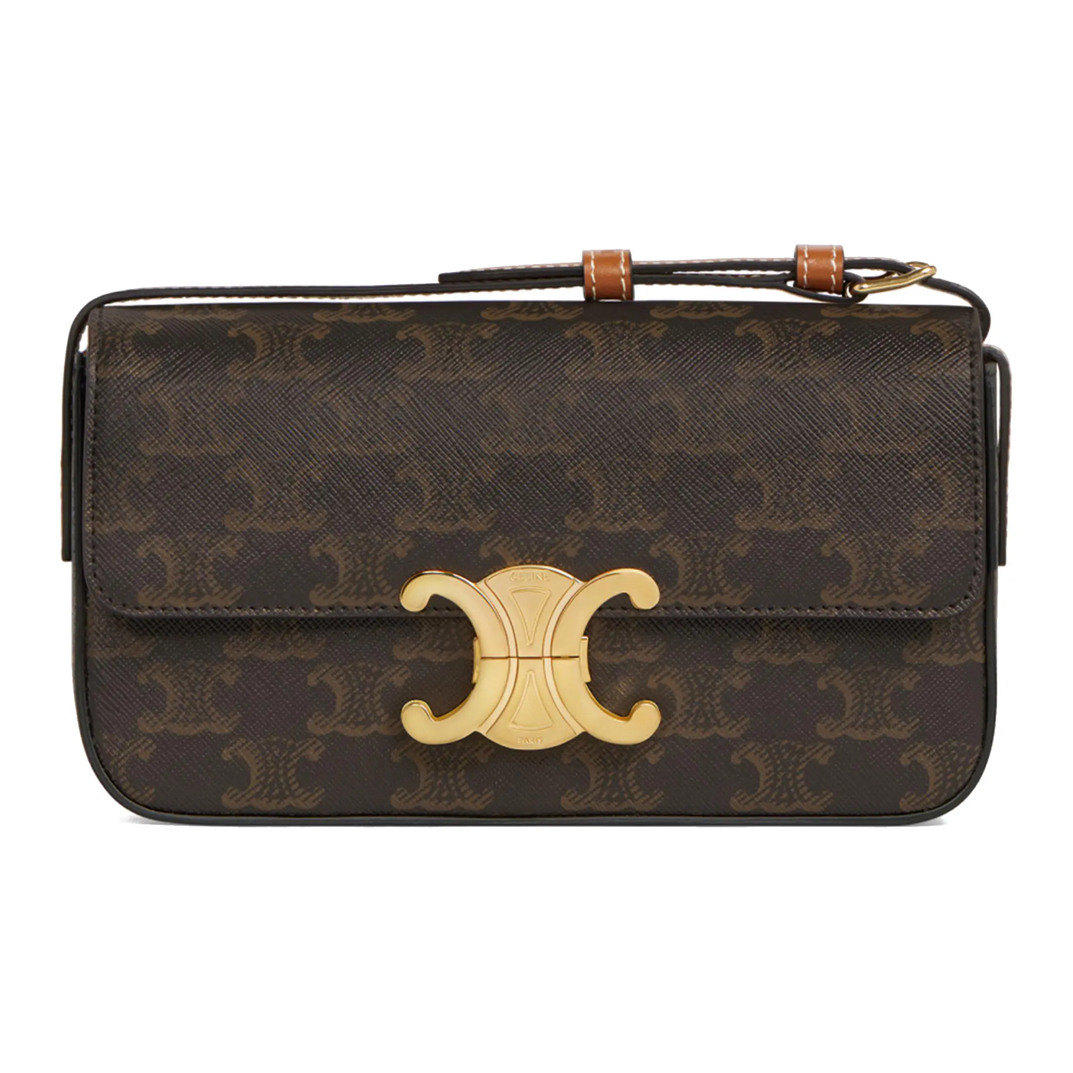 Celine Claude Classic Monogram Canvas Shoulder Bag for Women with Metallic Buckle and Adjustable Strap in Tan