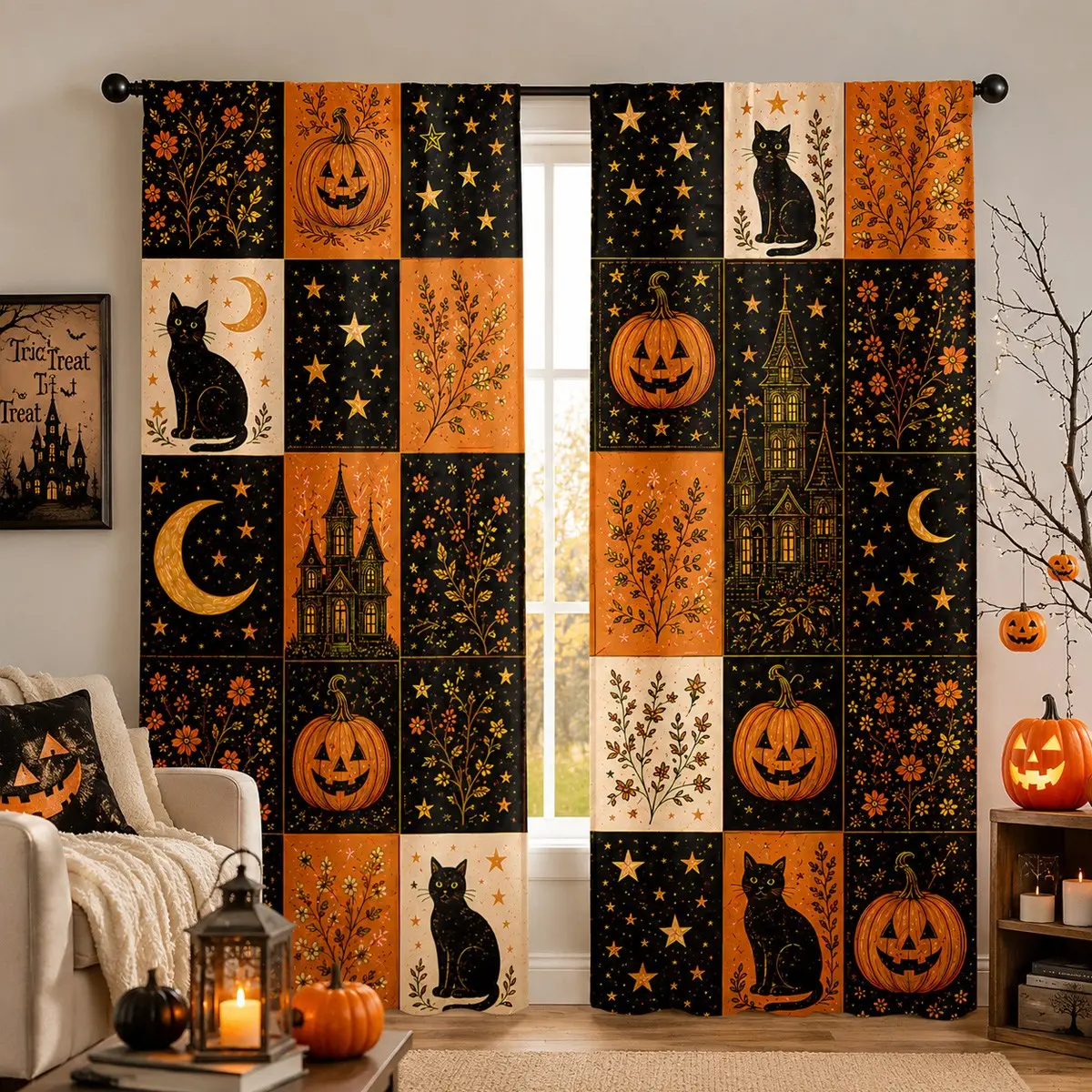 2pcs Retro patchwork style Halloween semi-blackout curtains with pumpkin lantern, black cat, moon, stars, gothic castle, floral checkered print, pocket rod installation, suitable for living room, bedroom, etc.