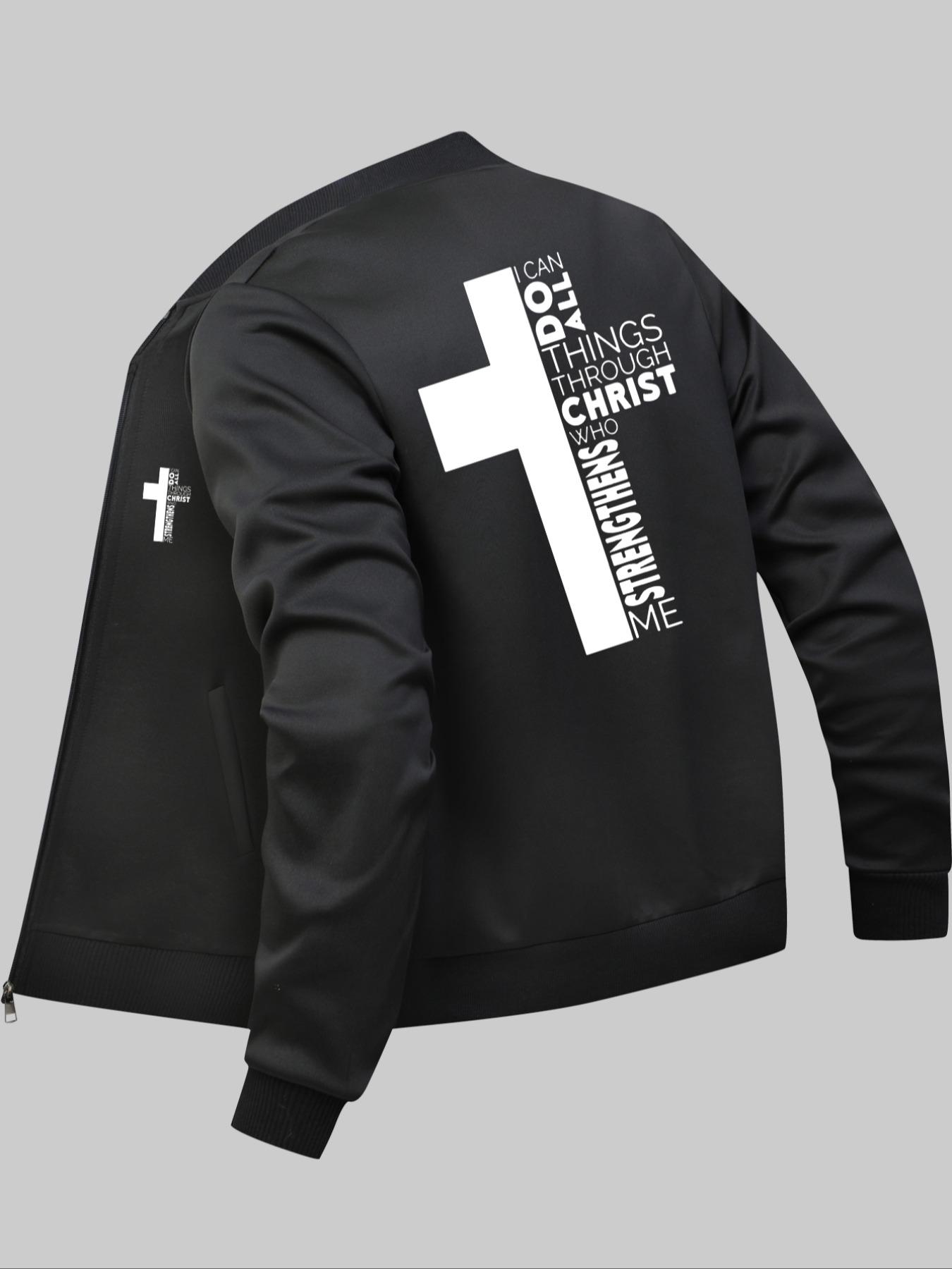 Men's Letter & Cross Print Zip Up Baseball Collar Jacket, Regular Fit Casual Long Sleeve Pocket Outerwear for Daily Wear, Men's Clothes for All Seasons