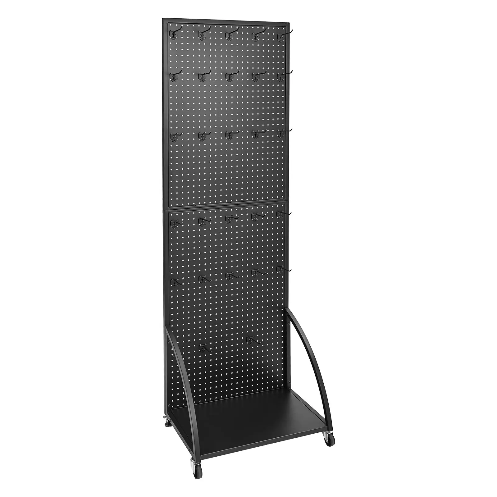 Standing Pegboard Display with Base Plate, 23.7 x 66 in Pegboard Display Stand with Casters and 30 Hooks, Thickened Cold-Rolled Steel Peg Board Panel for Retail Store and Jewelry Shop, Black