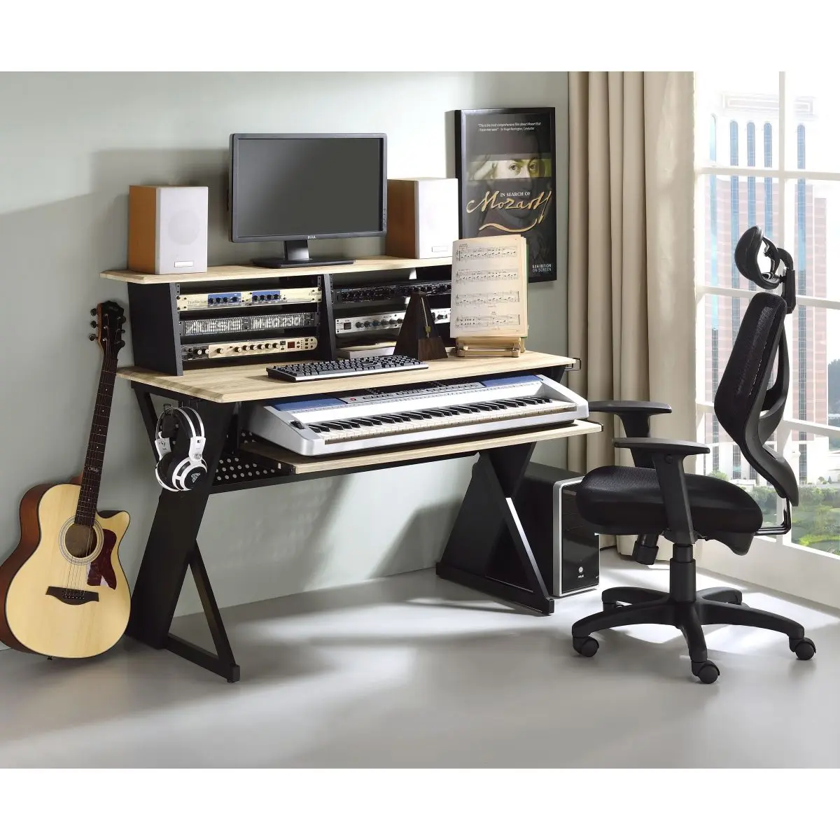 Eleazar Modern Music Recording Studio Desk - Natural Oak Finish, Engineered Wood & Metal Construction, 24in x 47in x 42in, 62lbs, Fully Assembled Commercial Office Furniture with 61-Key Max Recommended Music Keyboard, Cord Holes, Seamless Cord Management,