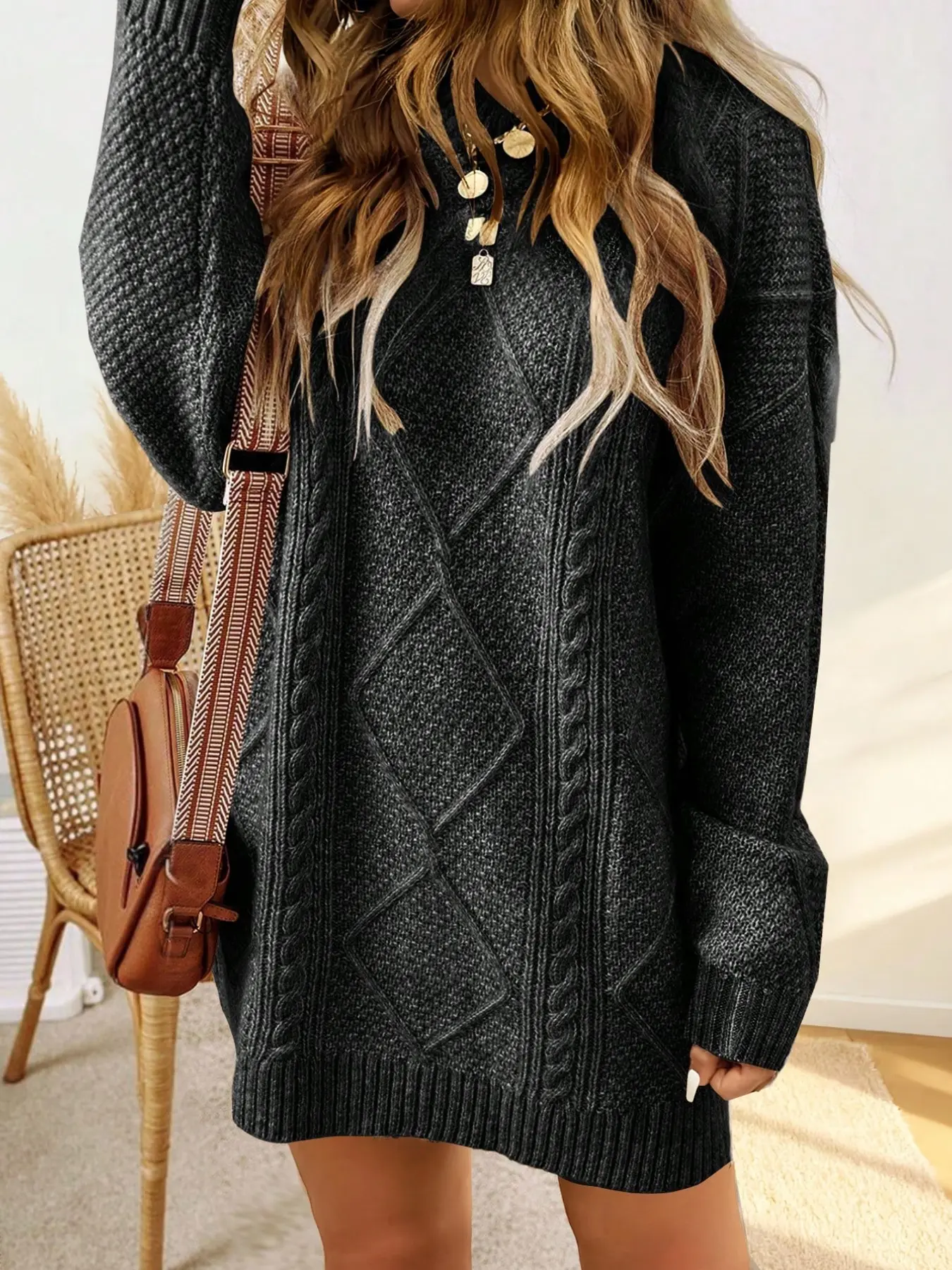 Plus Size Women’s Cable Knit Sweater Dress, Long Sleeve Loose Fit Longline Pullover Dress for Fall Winter, Cozy Casual Daily Wear, Office and Weekend Outfits