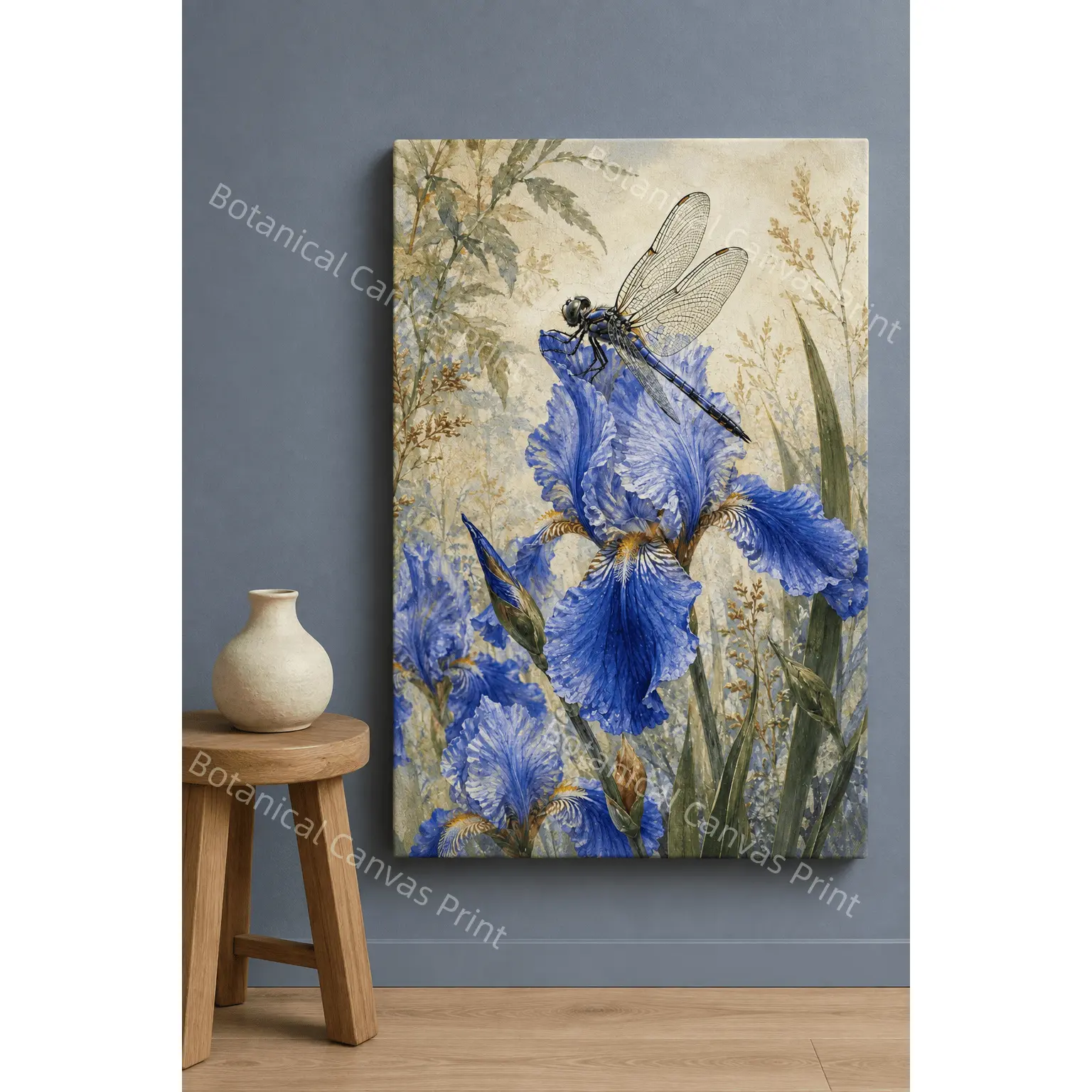 Vintage Dragonfly & Blue Iris Floral Canvas Wall Art, Antique Botanical Art Print, Aesthetic Bedroom Wall Art, Living Room Decor, Office Wall Art, Modern Minimalist Poster, Cottagecore Home Decor Gift