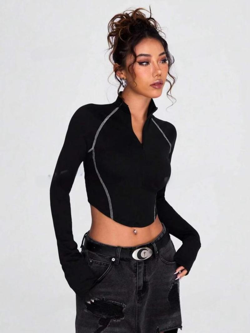 Women's Solid Color Zipper Tee, Elegant Fashion Casual Long Sleeve T-shirt for Daily Outdoor Wear, Women Clothing for Spring ＆ Fall