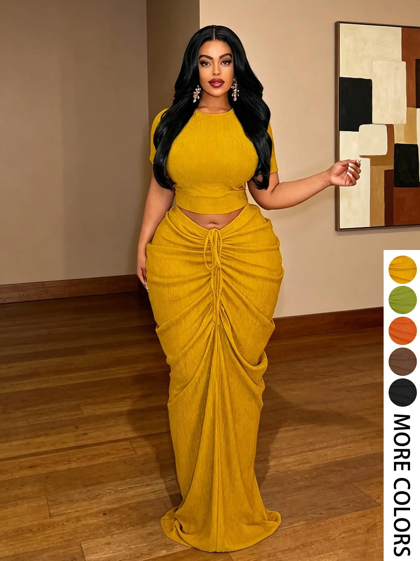 Plus Size Two-Piece Women's Set, Ribbed Short Top & Drawstring Pleated Skirt, Sexy Slim Fit Evening Party, Curvy Friendly Fashion, Clothes