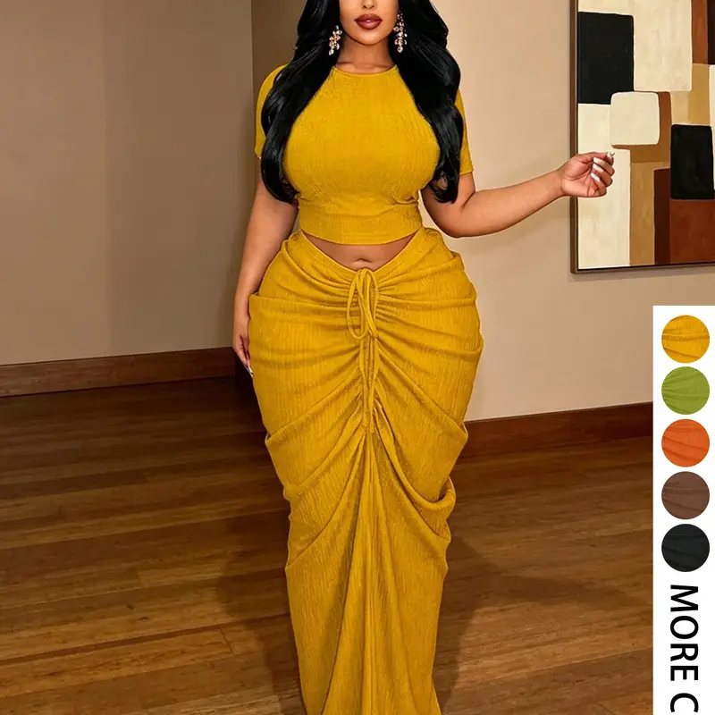 Plus Size Two-Piece Women's Set, Ribbed Short Top & Drawstring Pleated Skirt, Sexy Slim Fit Evening Party, Curvy Friendly Fashion
