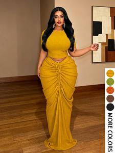 Plus Size Two-Piece Women's Set, Mustard Ribbed Short Top & Drawstring Pleated Skirt, Sexy Slim Fit Party, Curvy Friendly