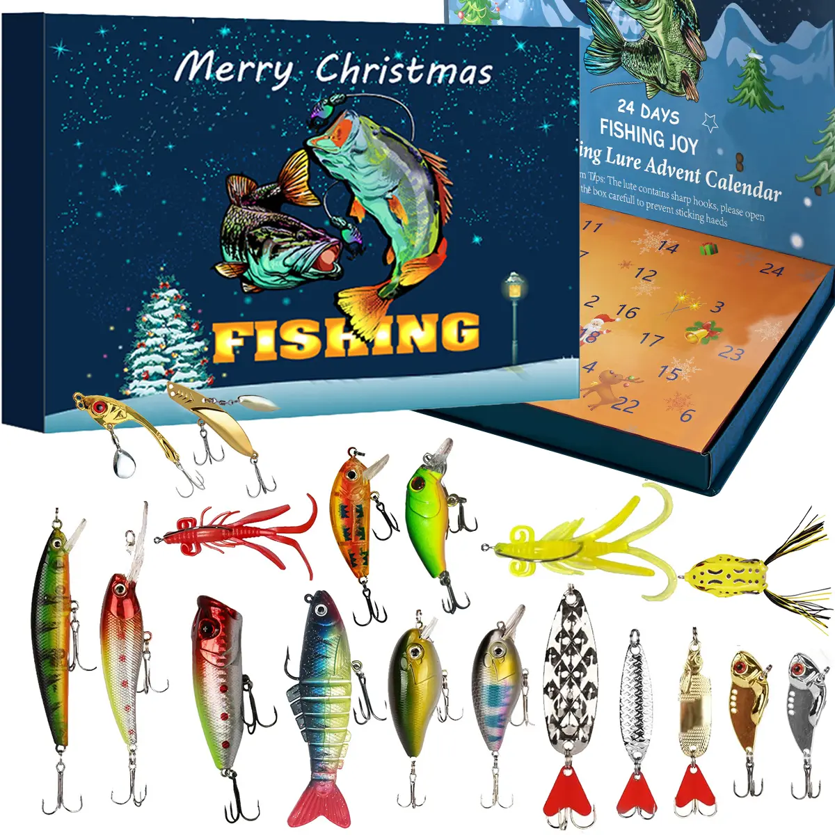 Fishing Advent Calendar - 24 Days of Lures & Tackle, Premium Hard Baits, Spoons, Jigs, Freshwater Fishing Lure Variety for Saltwater, Christmas Countdown Gift for Anglers, Unisex
