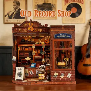 Book Nook Kit DIY Miniature House for Adults, Music Shop Dollhouse Bookshelf Insert with LED Light, DIY Craft Model Kit for Adults & Teens, Unique Bookshelf Decor Gift for Book Lovers