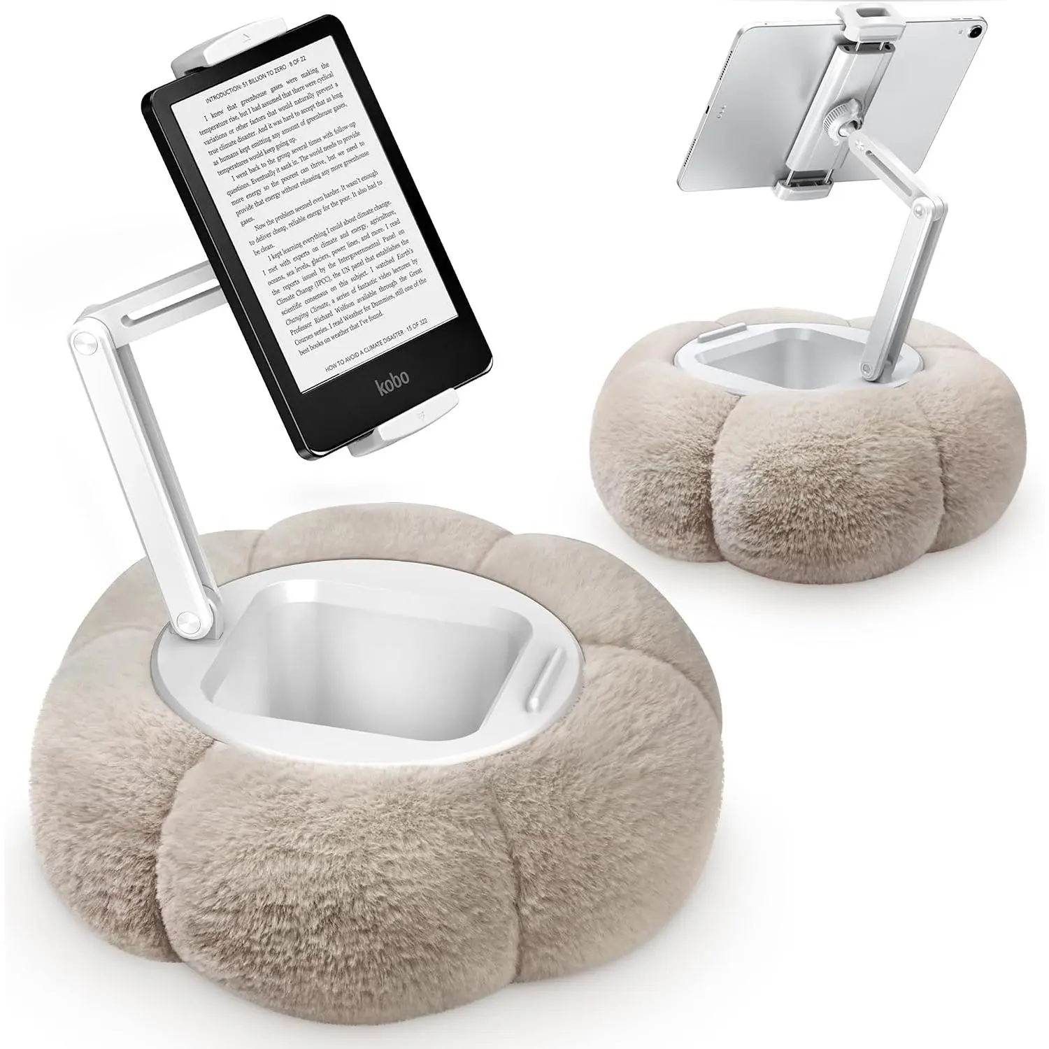 Pumpkin Tablet Pillow Stand, Adjustable Pillow Stand for Lap Bed | Detachable Snack Bowl, Fits 4.7"-13" Kindle, Tablets, iPad, Soft Plush Fabric, for Reading  Bed, Couch, Khaki