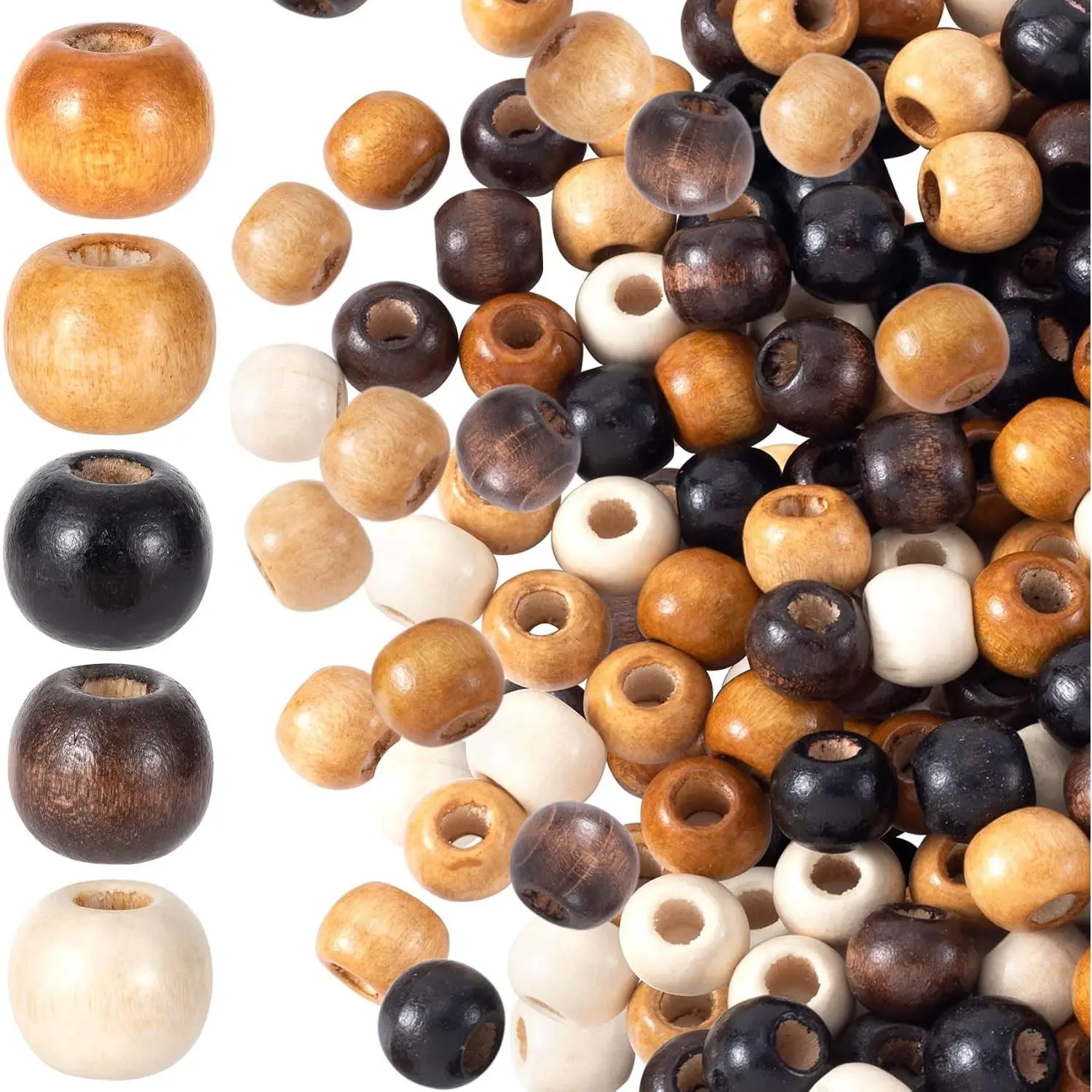 140 count Large Hole Wooden Beads for Crafts, 9x10mm, 5 Colors