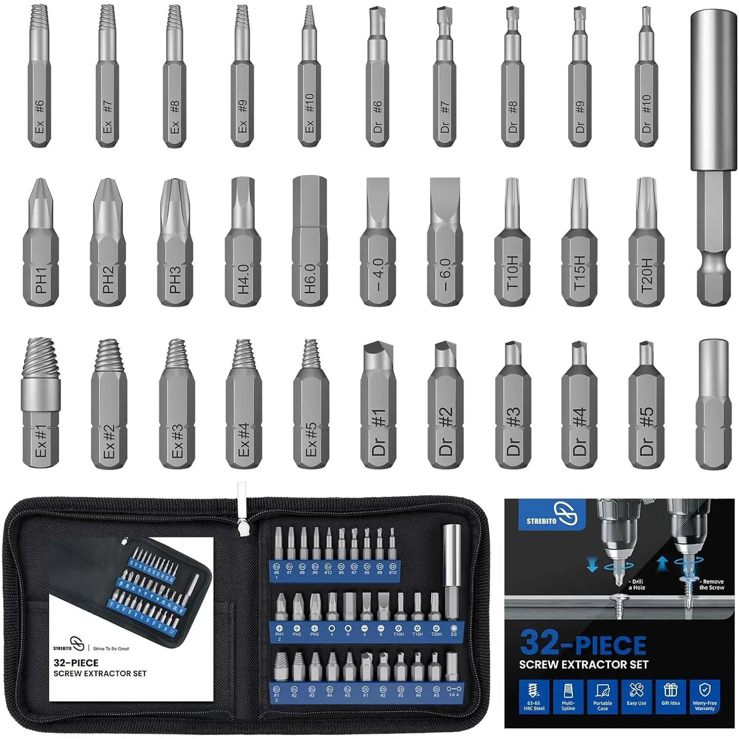 STREBITO 32PCS Damaged Screw Extractor Set, Stripped Screw Extractor | Magnetic Extension Shaft & Socket Adapter, Stripped Screw Nuts & Bolts Drill Bit Tools for Easy Removal of Rusty Broken Screw