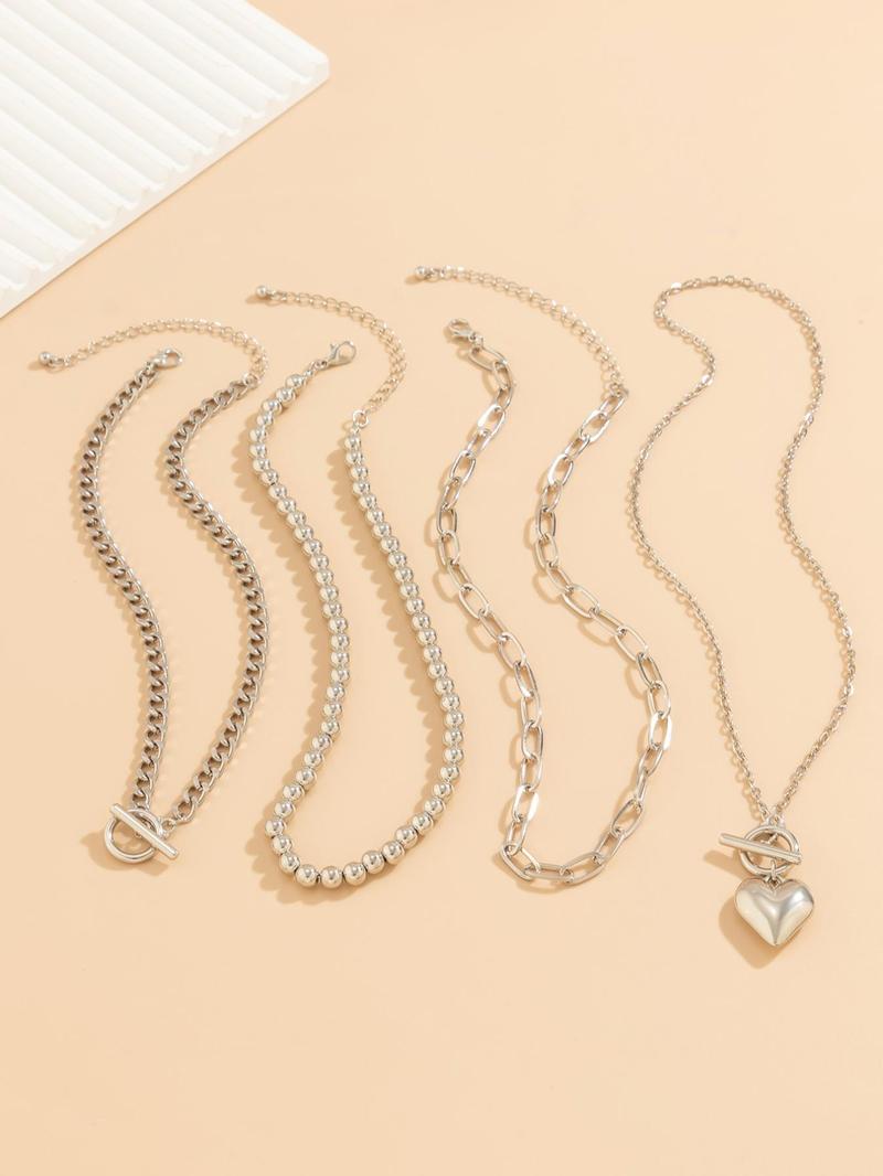 Women's Punk Style Love Heart Necklace & Chain Necklace & Beaded Necklace, Stackable Clavicle Chain, Multilayer Necklace, 4pcs/set Trendy Ot Buckle Design Matching Necklaces, Chic All-match Jewelry As Gift for Girlfriend, Exquisite Jewelry Gift