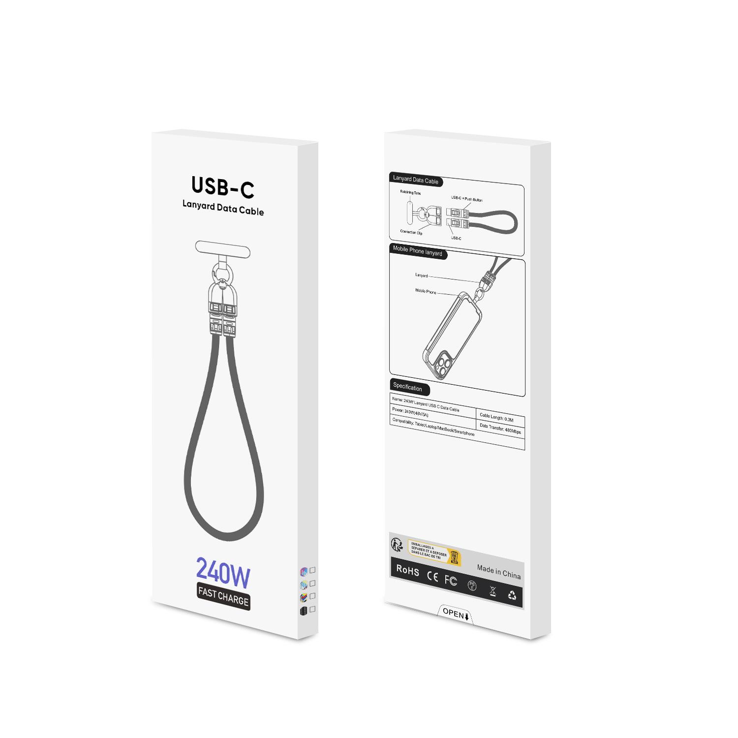 New 2-in-1 phone lanyard data cable PD240W super fast charging suitable for mobile phones and computers