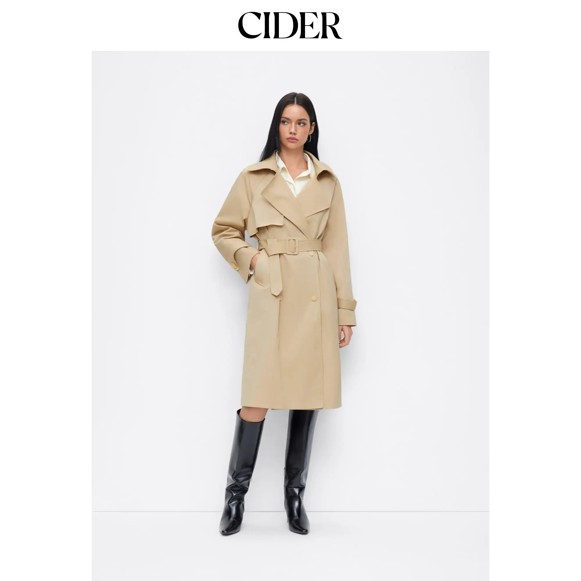 Cider Double Breasted Collar Oversized Trench Coat With Belt SohoChic