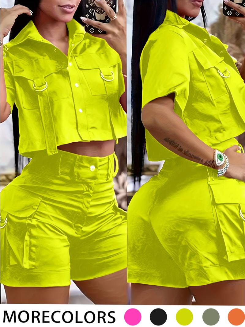 Two-piece Set Women's Solid Button Front Crop Top & Shorts Set, Casual Short Sleeve Collared Top & Shorts for Summer, Ladies Clothes for Daily Wear, Cute Summer Outfit