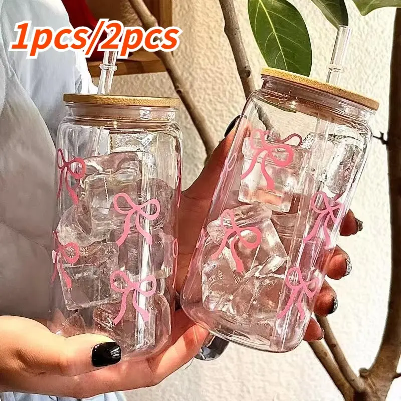 16oz Durable Water Bottle with Lid and Straw, Bow Plastic Cup for Ice Coffee, Portable Travel Mug for Milk Juice Drinks, Summer Hydration, Vintage Style, Festival Cup
