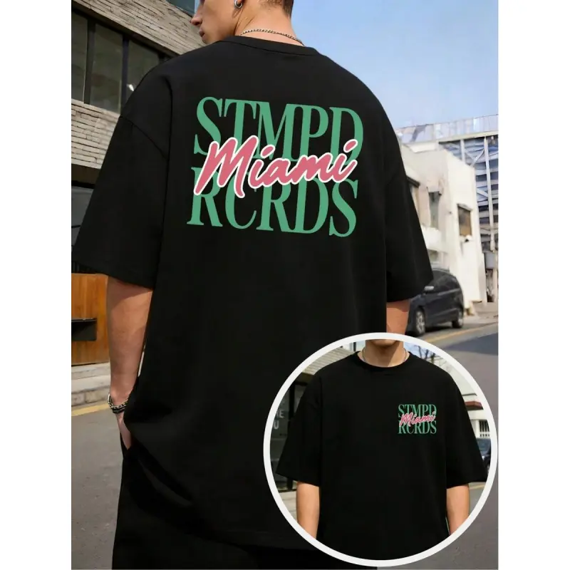 Retro Hip Hop Streetwear Tee Unisex Black  Double Sided Print STMPD Miami RCRDS Color Block Graphic Festival Club Summer Casual Short Sleeve Top S-5XL