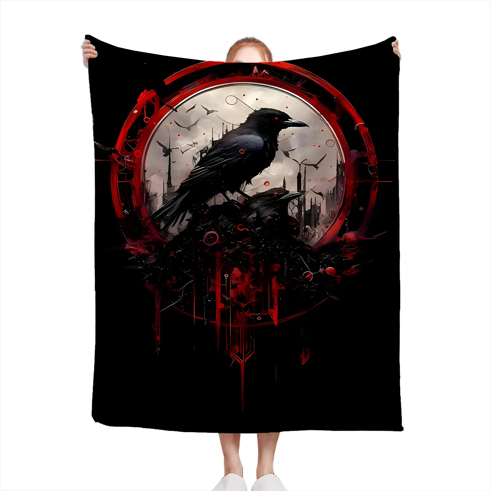 Soft Cozy Throw Blanket Flannel Black Red Gothic Raven Crow Print Digital Art Living Room Bedroom Gift For Him Her2607230149
