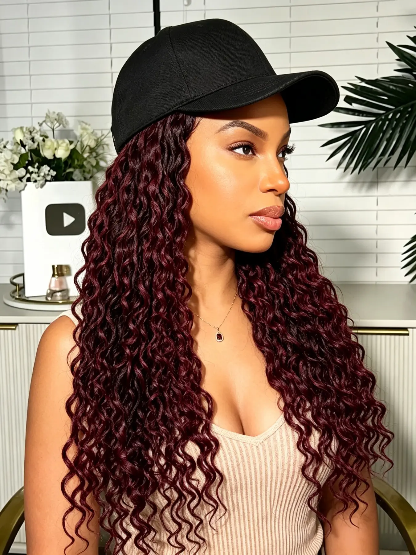 20" Burgundy Baseball Cap Passion Twist Wig, Curly Wig, Synthetic Wig, Stylish Hair Accessory, Perfect for Casual Wear, Unique Design, Comfortable Fit