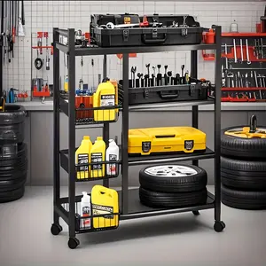 1pc Wheeled Movable Storage Organizer Rack, Height Adjustable 4-Tier Kitchen Shelf with 3 Removable Wire Baskets, Multi-Scene Kitchen Storage Solution, Heavy-Duty Metal Standing Shelf with Universal Wheels, Suitable for Garage, Pantry, Bathroom & Closet,