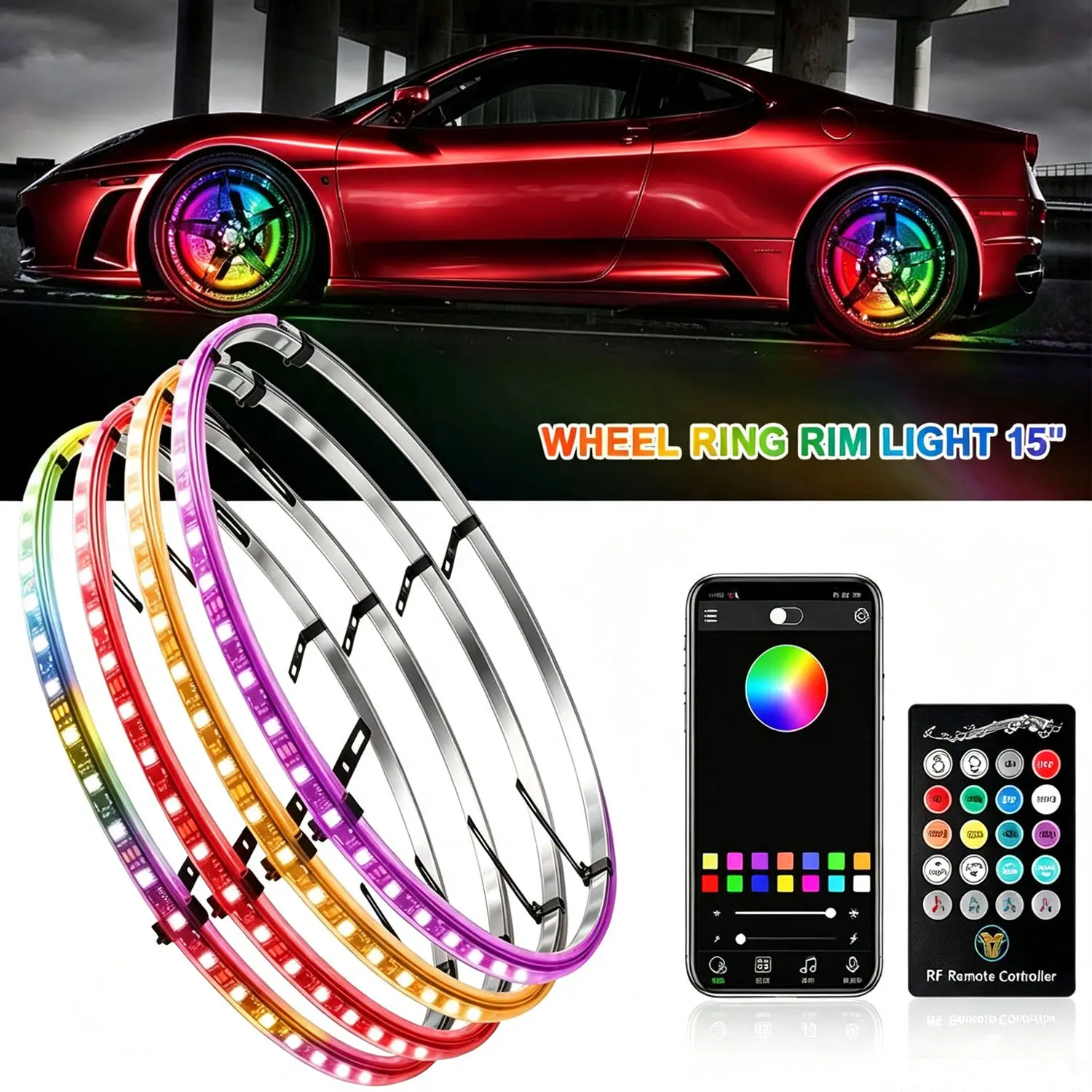 15 Inch LED Wheel Ring Lights, 4Pcs RGB Wheel Rim Lights with APP Control & RF Remote, Waterproof Multicolor Dynamic Mode Neon Light Strip, Adjustable Aluminum Frame For Off-Road Truck SUV Jeep Pickup