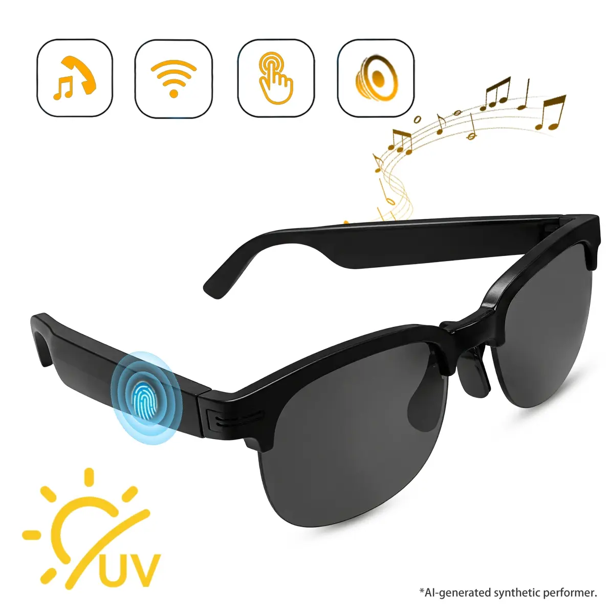 Bluetooth Smart Audio Sunglasses with open-ear speakers and mic for music and hands-free calls, voice assistant compatible, no earplugs, UV protection, touch control, long battery, great for commuting, office trips and outdoor daily wear
