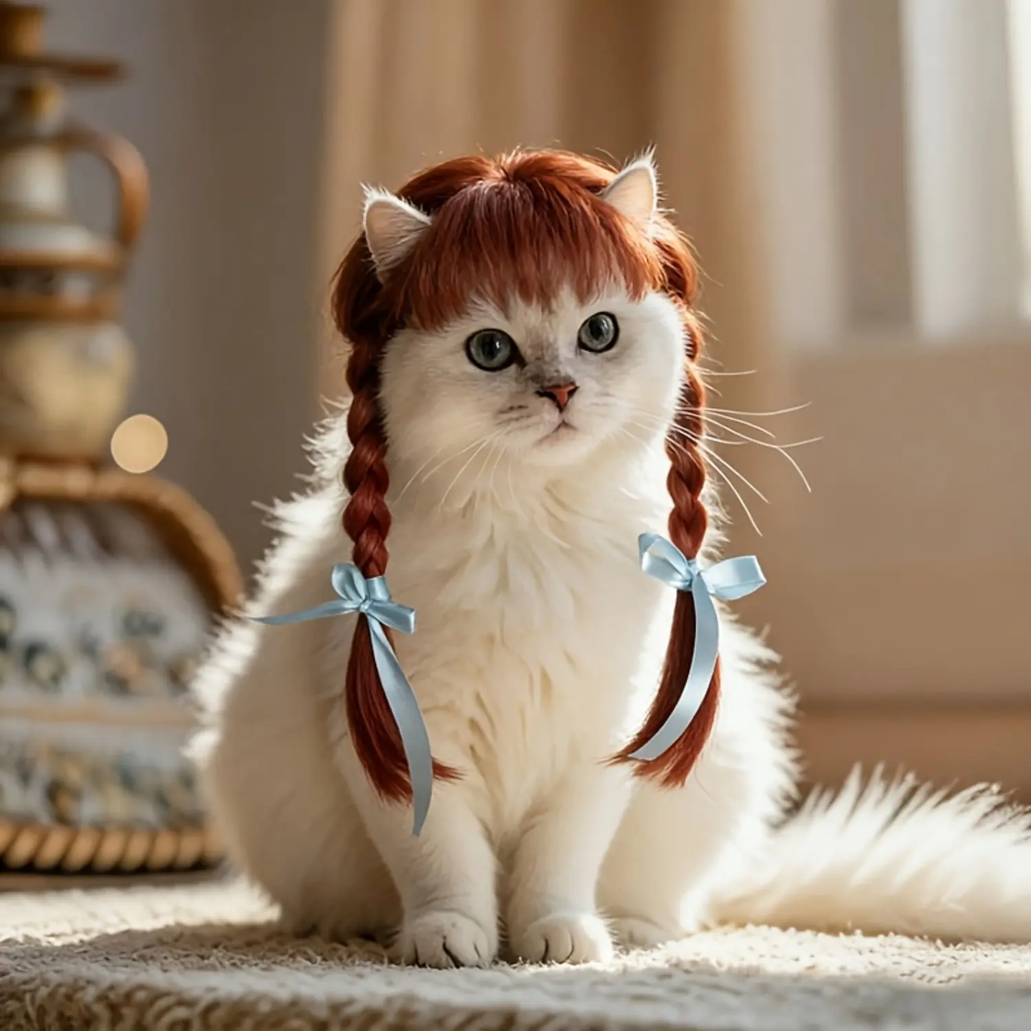 Cat Double Ponytail Wig Headpiece - Cute Soft Braided Hair Suitable for Small Dogs & Pet Photo Props, Hand Washable Wig with Double Braids, Fun Costume Accessory for Costume Parties & Themed Shoots