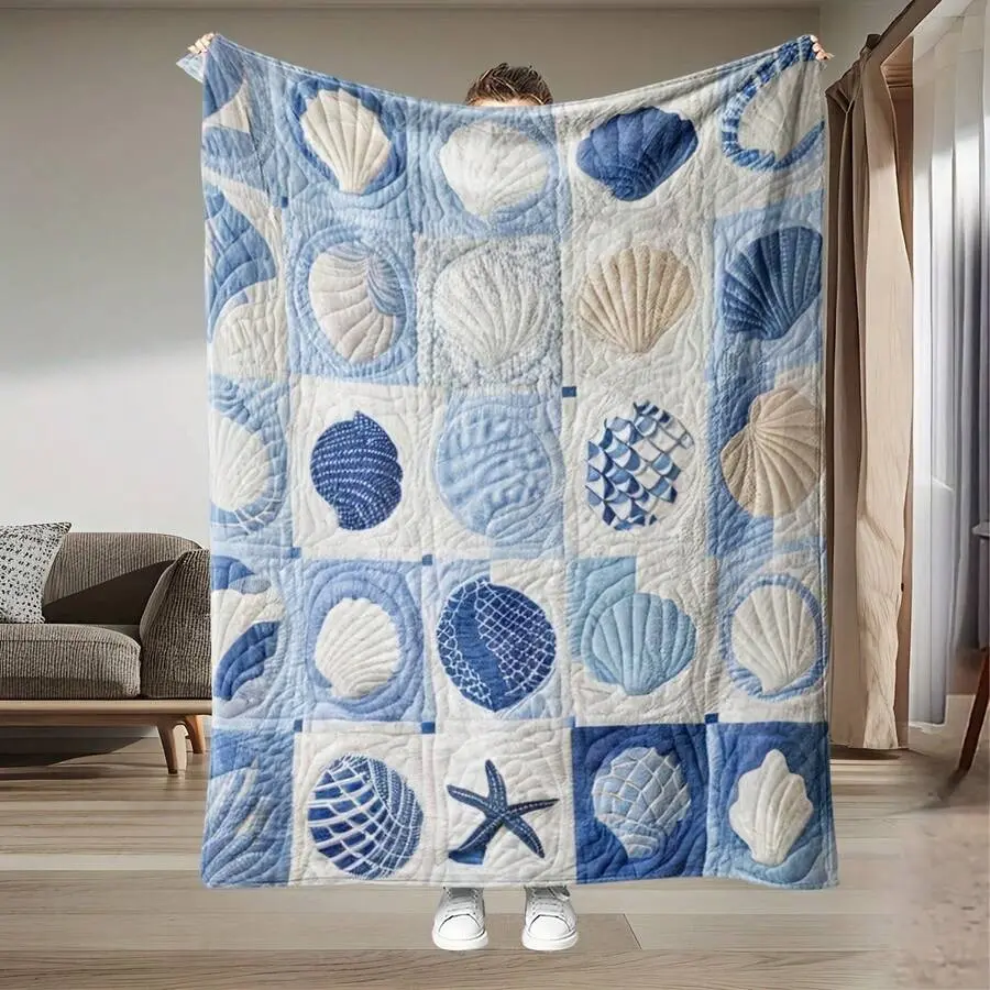 Blue White Seashell Starfish Grid Patchwork-style Print Flannel Blanket Soft Plush Warm Throw Blanket, Coastal Nautical Ocean Beach Themed Decorative Couch Bedroom Nap Blanket, Giftable Sea Lover Beach House Comfort Blanket for All Seasons