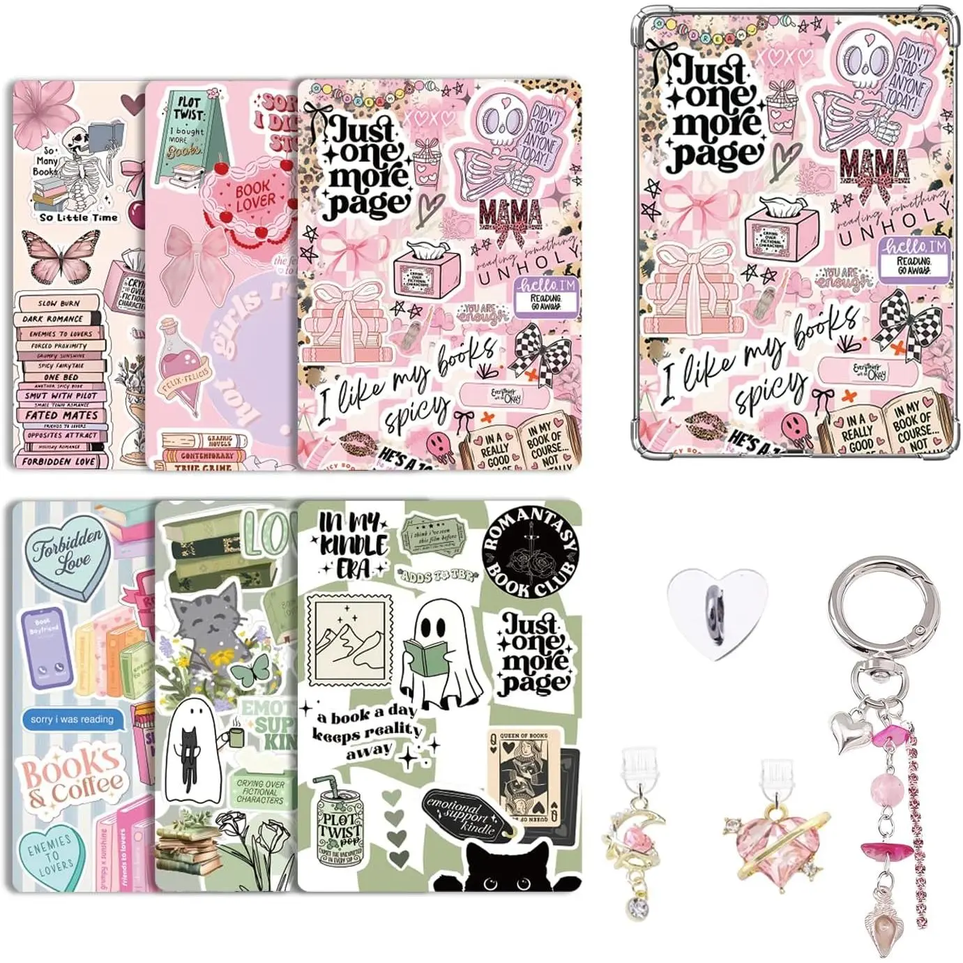6 count Inserts Cardstock Paper for E-Reader, and 2 count Dust Plug Charms, 1 Chain Charm Set, 6.8"x4.8" Cardstock Insert Accessories for Paper white 11th-12th,  for Book Lover (style-A, 6.8" x 4.8")