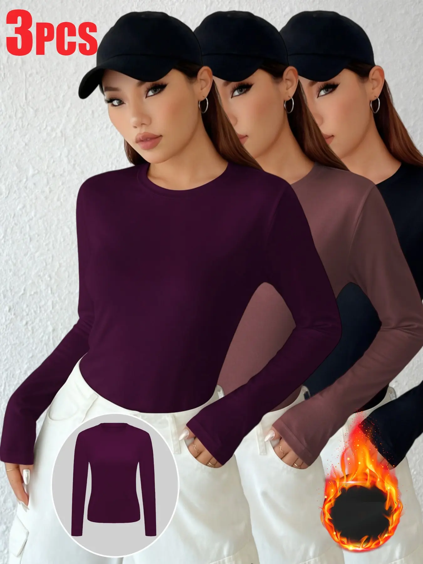 3-Pack Women's Thermal Long Sleeve Shirts, Solid Crew Neck Fleece-Lined Base Layer Tops, Warm & Comfortable Athletic Undershirts for Running, Hiking, Yoga & Pilates