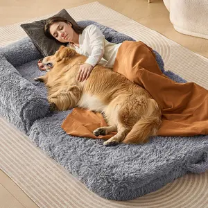 VEVOR Human Dog Bed, 72" x 48"x10 Giant Human Dog Bed for Adults and Pets, Human Size Dog Bed with Washable PV Velvet Cover, Egg Orthopedic Foam, Storage Pocket, for You and Pet, Grey