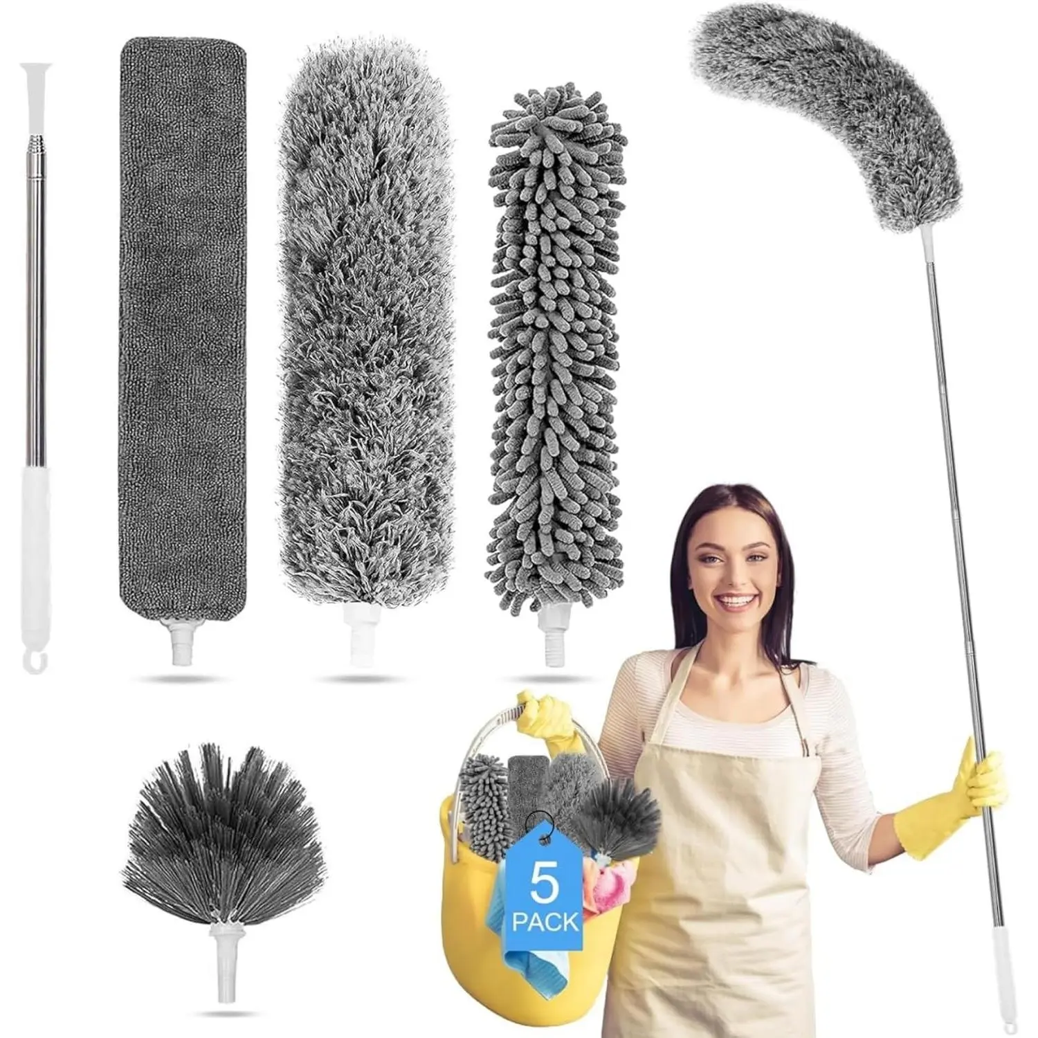 Microfiber Feather Duster 5-in-1 Kit, Dusters for Cleaning, Duster with Extension Pole 100 Inches, Cobweb Duster, Microfiber Dusters for High Ceilings and Fans, Blinds, Cars and Furniture