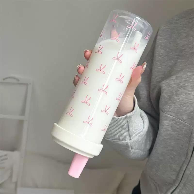 700ML Large Capacity Coffee Cup, Simple Bow Design, Reusable Plastic Water Bottle Tumbler with Lid & Straw, Drinkware Ideal for Sports & Parties