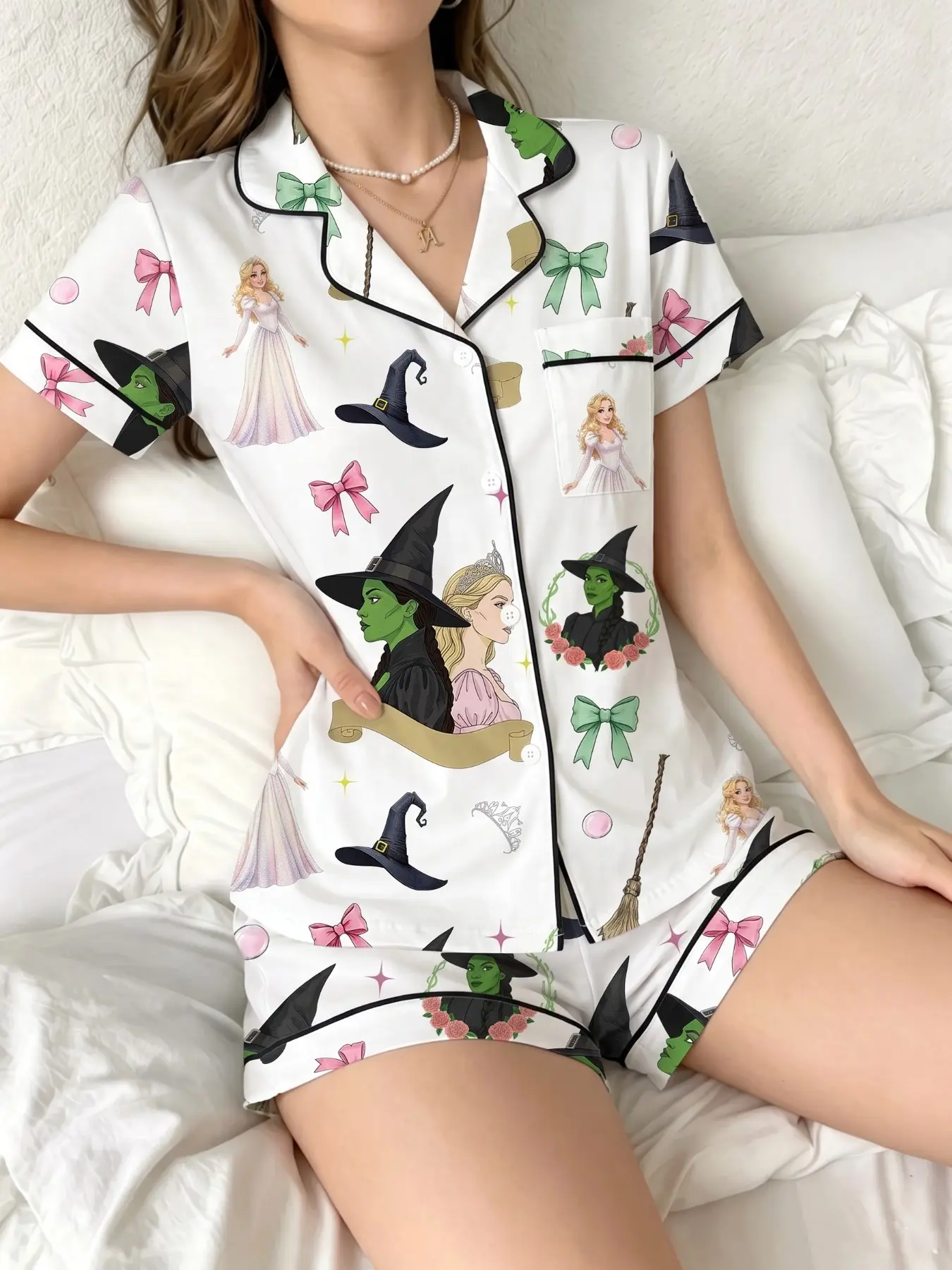 Women's Sleepwear Pajama Set 2-Piece, Wicked Elphaba & Glinda Pattern, Comfortable Night Home Wear, Soft Fabric, Casual Daily Use