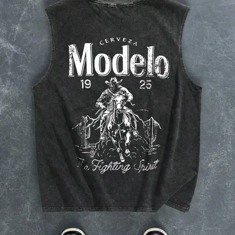 Men's Regular Fit Cartoon Cowboy & Letter Print Tank Top, Casual Comfy Breathable Sleeveless Top for Summer, Fashion Men's Clothes for Daily Wear, Socks