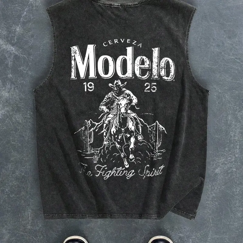 Men's Regular Fit Cartoon Cowboy & Letter Print Tank Top, Casual Comfy Breathable Sleeveless Top for Summer, Fashion Men's Clothes for Daily Wear, Socks