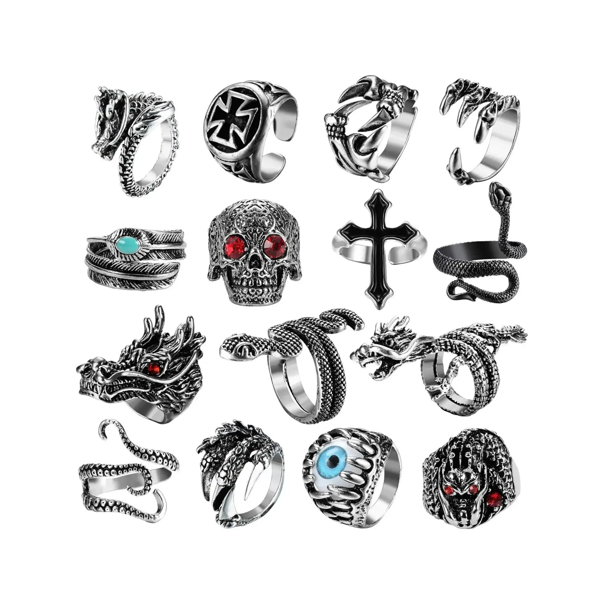 15PCS Vintage Punk Rings for Men Women,Snake Ring Dragon Open Rings Set Knuckle Stacking Ring Boho Finger Rings Trend Jewelry Statement Multi Fashion Stackable Rings Stackable Ring Set