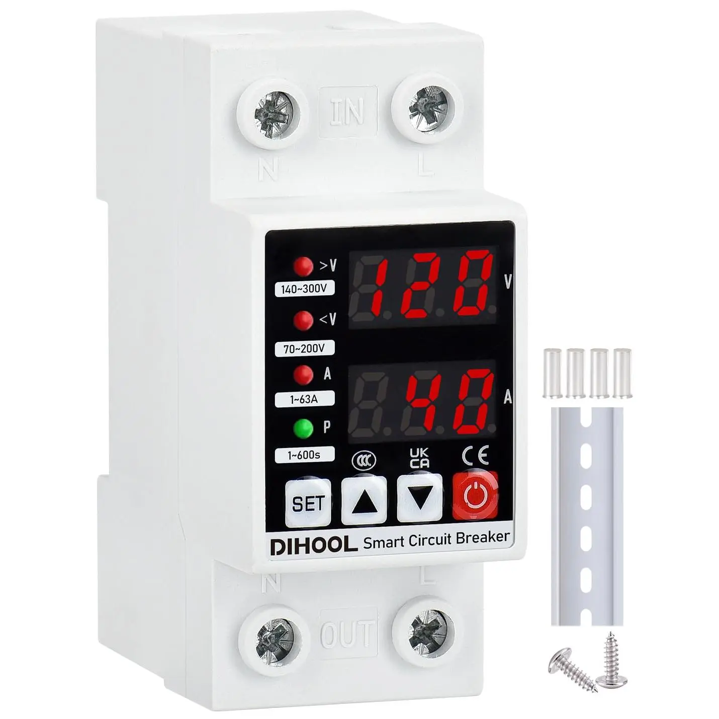 Smart Adjustable Voltage Protector Circuit Breaker - 110V/220V, 70-200V Undervoltage Cutoff, 140-300V Overvoltage Cutoff, 1-63A Overcurrent Protection, Automatic Reset, Solar Disconnect, DIN Rail Install-Capable Electrical Equipment