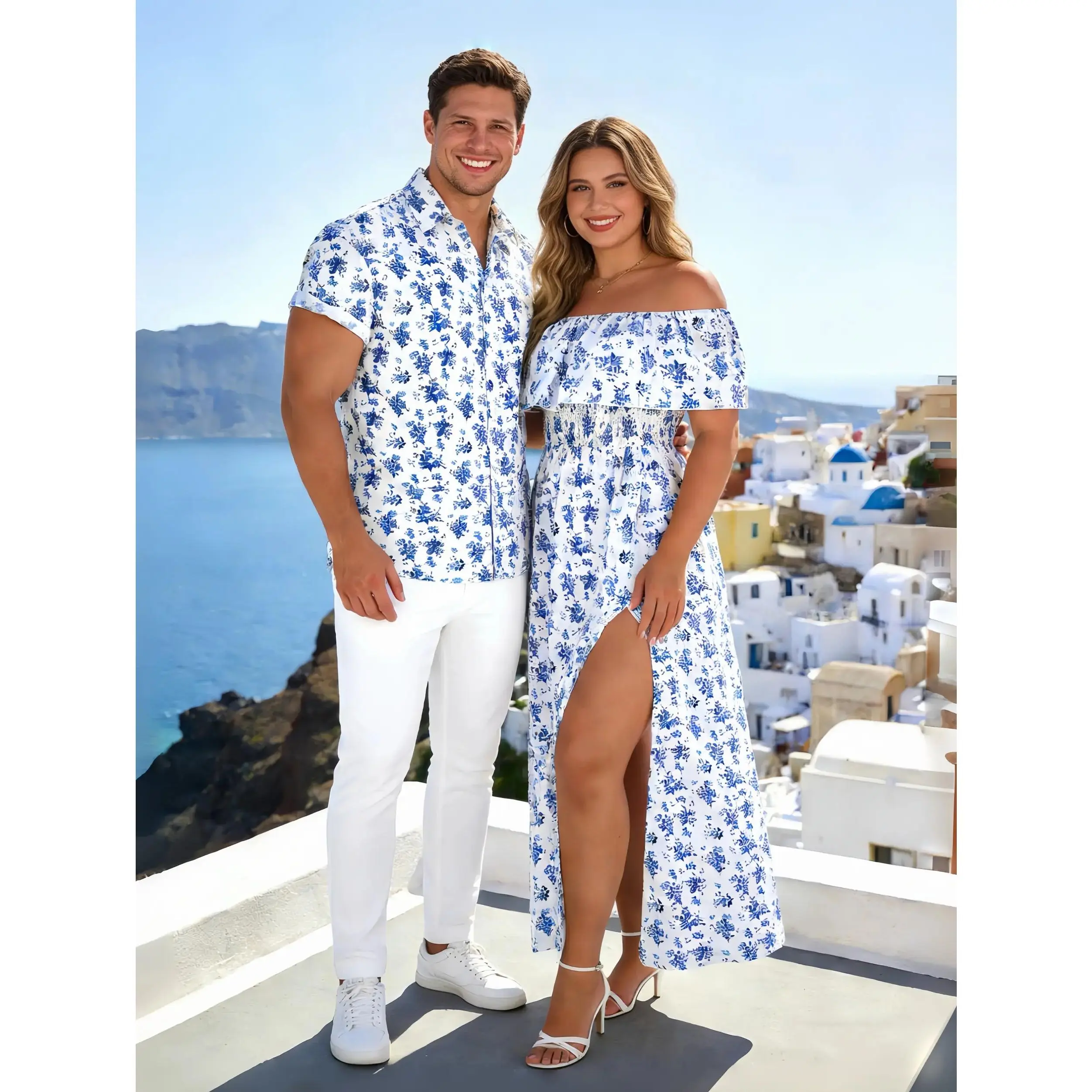 DRESSLILY 2026 Casual Couple Clothes Set - Women's Sleeveless Ditsy Floral Print Off-the-Shoulder Slit Long Dress & Men's Short-Sleeve Shirt for Summer Vacation