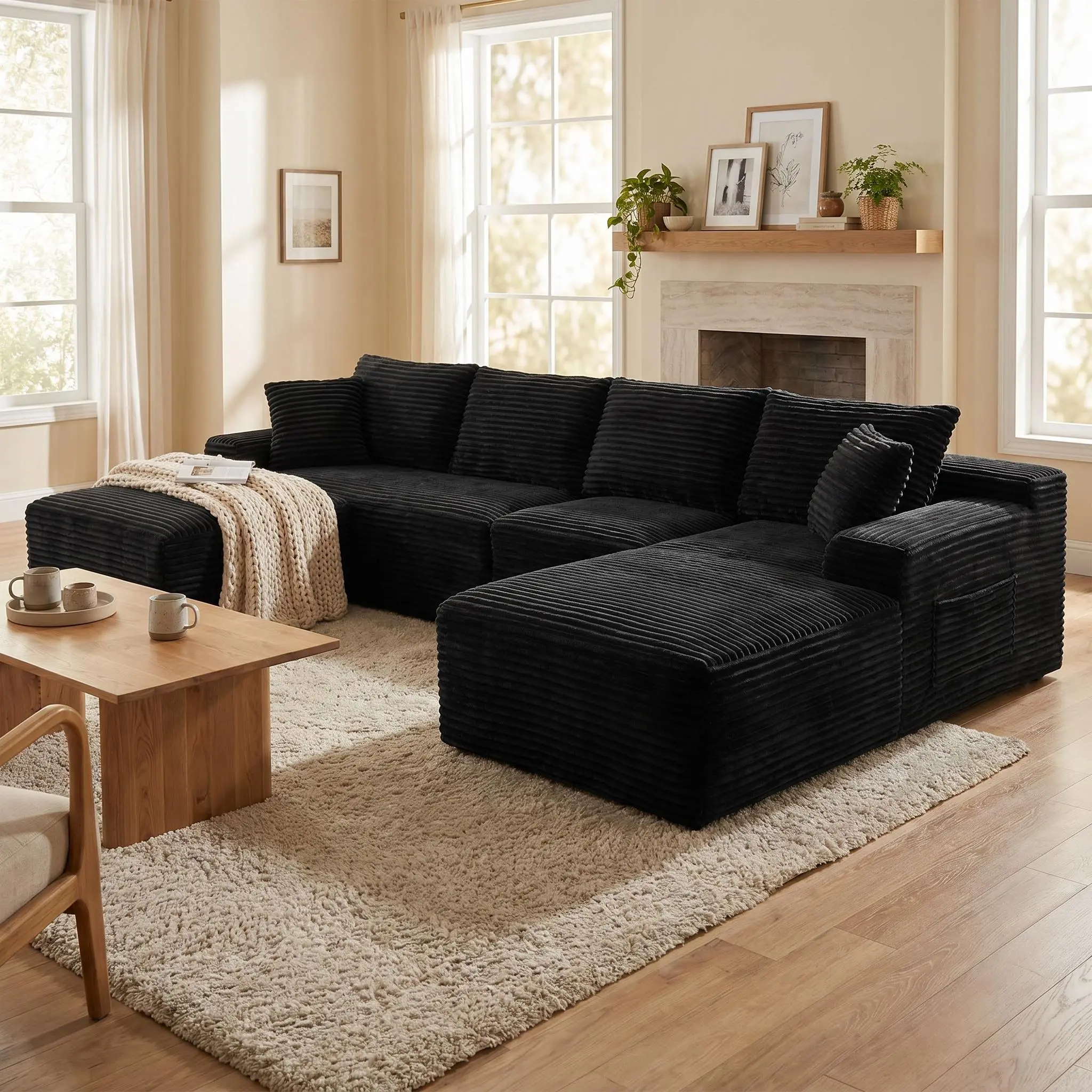 ARCH Upholstered Sectional Sofa 135.4" Corduroy Modular Floor Sofa with 2 Accent Pillows 6 Seat U-Shaped Living Room Couch Large Family Sectional Black Comfy Sofa Set for Movie Night Game Room, Black Color Options, Corduroy Material