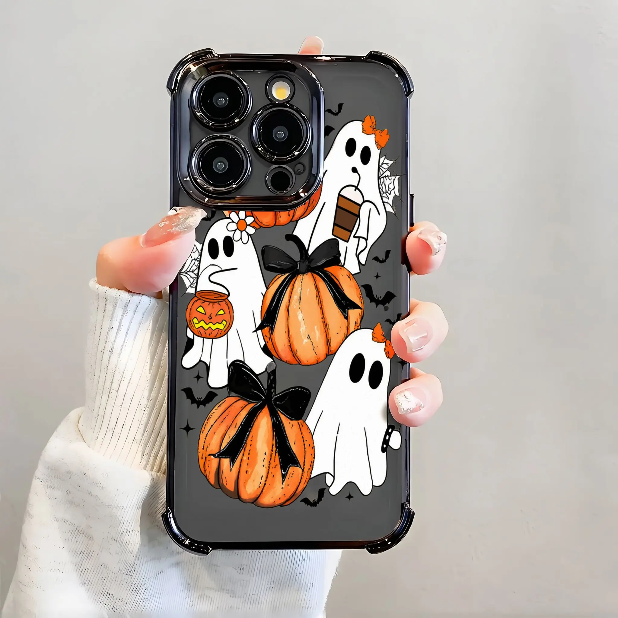 Pumpkin Ghost Halloween Pattern Phone Case for iPhone 17ProMax,16Pro,15 Plus,14,13,12,11,Air - Soft TPU Shockproof Smartphone Casing, Cellphone Handheld Protector, Cute Girls' Gift