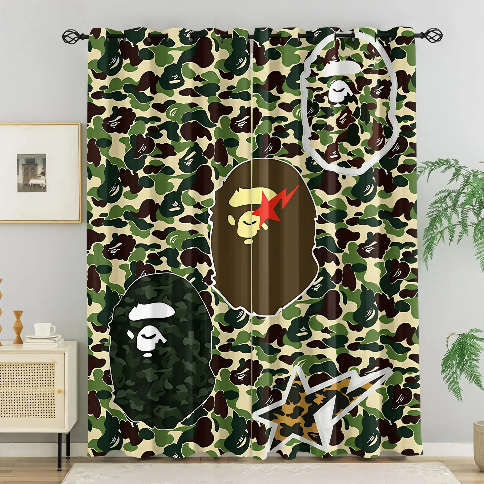 Two Panels Military Green Abc Camo & Cartoon Ape Blackout Curtain, Metal Grommets Easy Install, Privacy Blocking Decorative Drapes, Street Trendy Cool Style Boys Bedroom/ Teens Dorm/Esports Room Decor