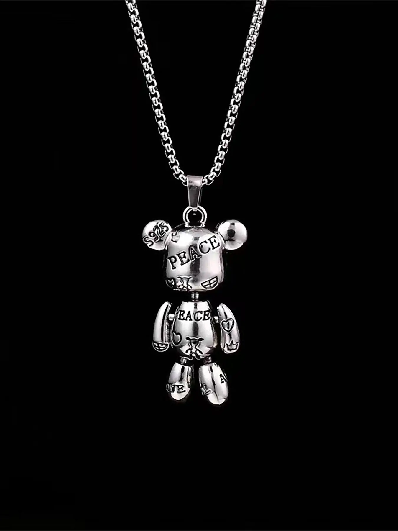 PEACE BEAR Silver Popcorn-Style Teddy Bear Pendant Fashion Necklace – Tarnish-Resistant, Unique Jewelry Gift Idea for Friends and Family – Cute, Stylish Chain Accessory for Everyday Wear