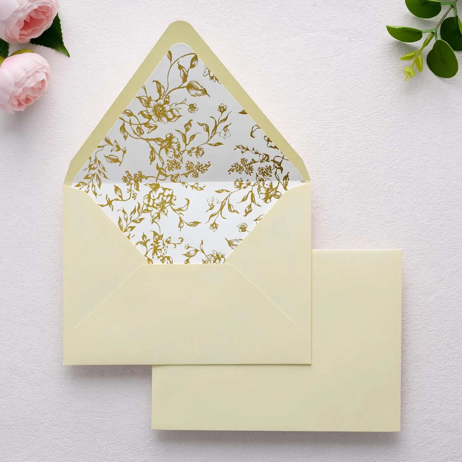 50PCS A7 Euro Flap Cream-Gold Foil Liner Envelopes, 5x7in Ivory Envelope Set for DIY Invitation, Christmas Greeting Cards (DIY Painting Supplies Accessory), Cream + Goil Foil, Ivory + Goil Foil